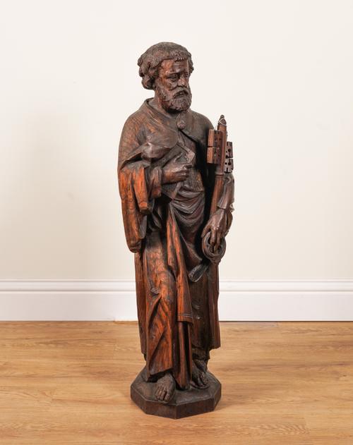NORTH EUROPEAN CARVED OAK FIGURE OF SAINT PETER