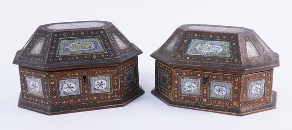 A PAIR OF INDIAN GILT AND POLYCHROME DECORATED MIRROR GLASS MOUNTED BOXES