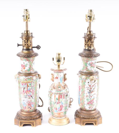 A PAIR OF CHINESE-EXPORT CANTONESE PORCELAIN CONVERTED OIL LAMPS (3)