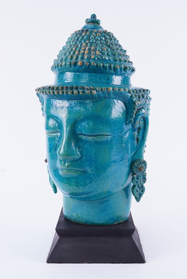 RAYMOR ZACCAGNINI: AN ITALIAN TURQUOISE CRACKLE GLAZED BUDDHA HEAD