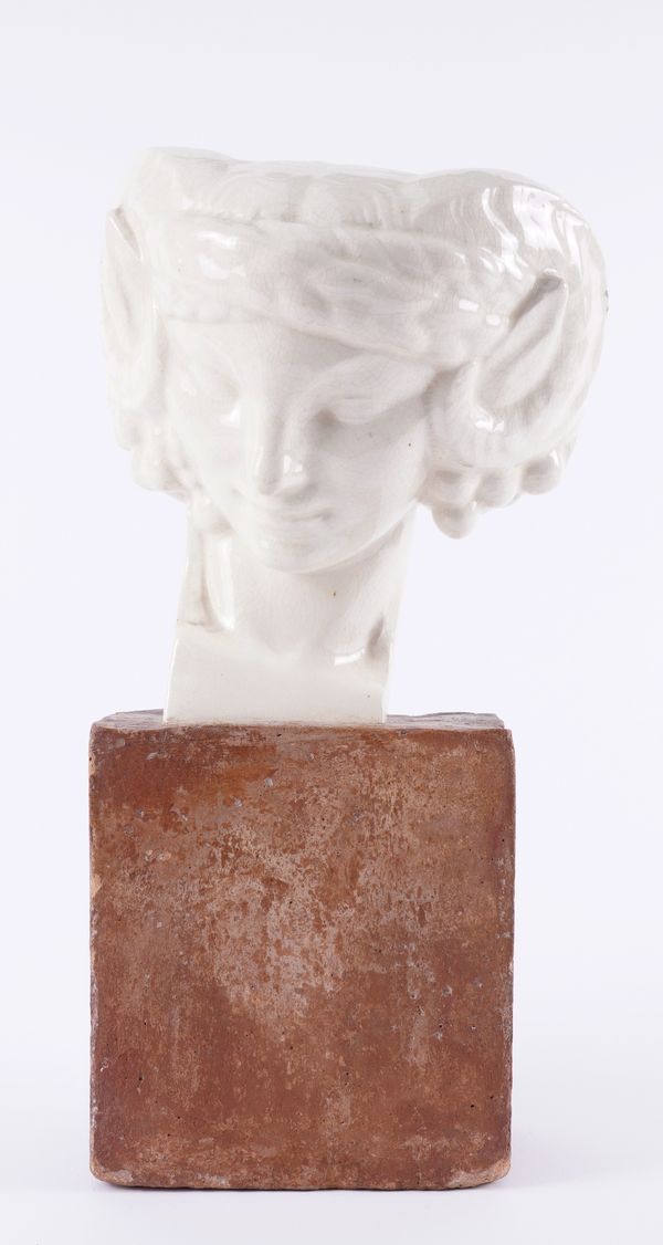 AFTER SIMEON FOUCAULT: AN ART DECO CRACKLE GLAZE CERAMIC BUST OF A FAUN