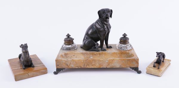 A BRONZE MOUNTED SIENNA MARBLE INKSTAND AND TWO OTHER BRONZES (3)