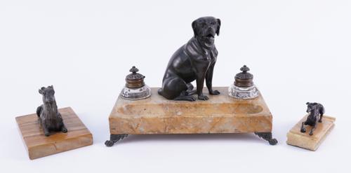 A BRONZE MOUNTED SIENNA MARBLE INKSTAND AND TWO OTHER BRONZES (3)