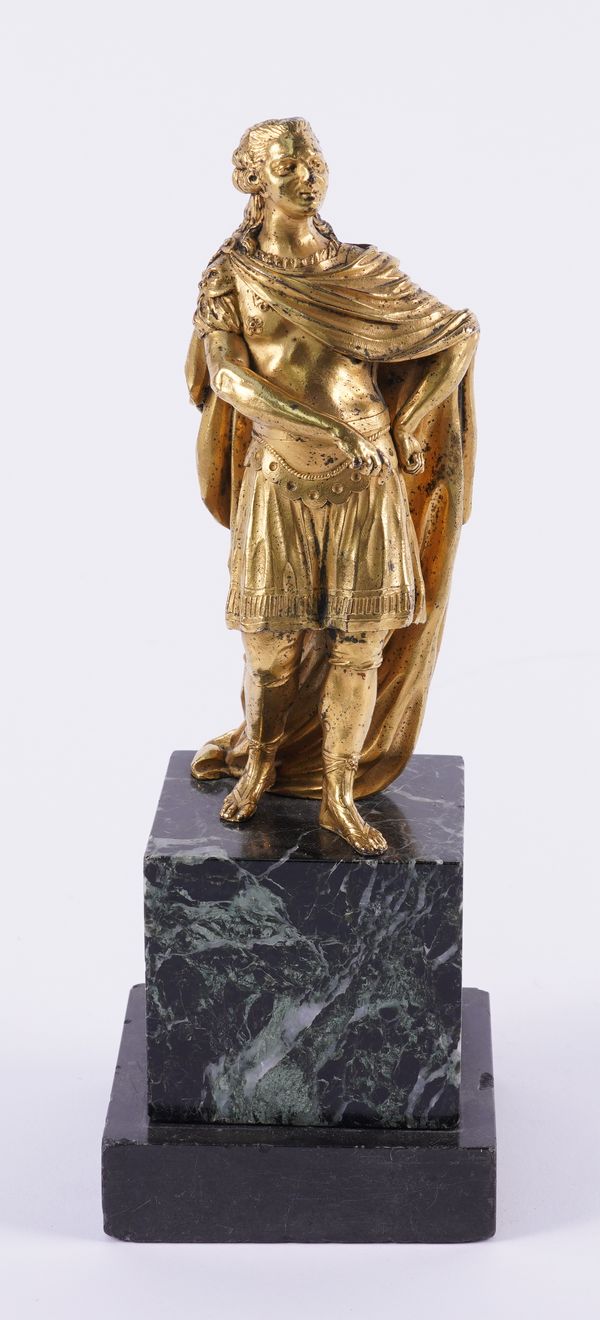 A GILT-BRONZE FIGURE OF A MONARCH MODELLED AS A ROMAN EMPEROR MOUNTED ON A VERDI GRIS MARBLE PLINTH