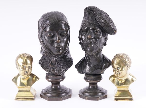 TWO FRENCH BRONZE PORTRAIT BUSTS OF WOMAN IN A HEADSCARF AND A BEARDED MAN WEARING A CAP OF LIBERTY(4)