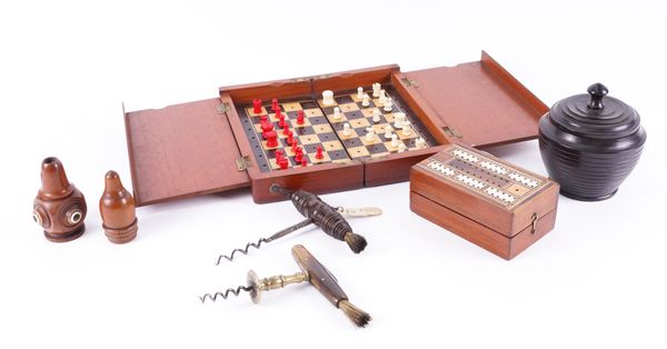 A VICTORIAN BONE TRAVEL CHESS SET IN A MAHOGANY FOLDING GAMES BOX; TOGETHER WITH VARIOUS TREEN ANY OTHER ITEMS (QTY)