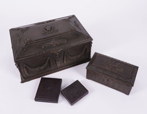 A FRENCH BRASS TABLE CASKET AND A SMALL BRONZE PATINATED BOX (6)