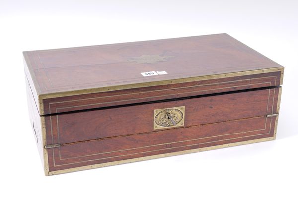 A 19TH CENTURY BRASS INLAID ROSEWOOD WRITING SLOPE WITH FITTED INTERIOR