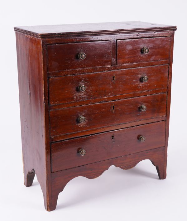 A 19TH CENTURY MINIATURE MAHOGANY FIVE DRAWER CHEST OF DRAWERS