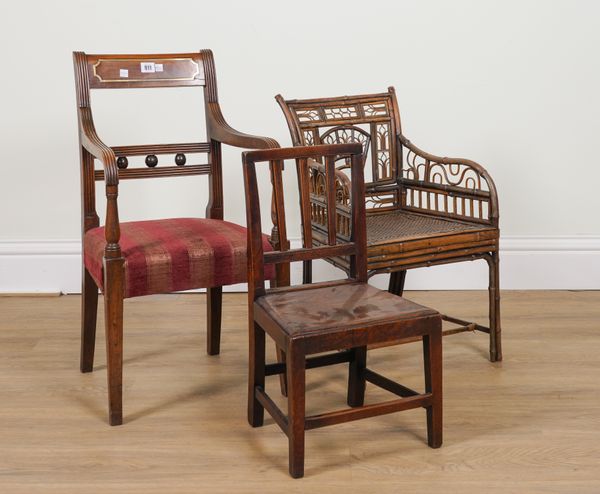 A 19TH CENTURY CHILD’S BRASS INLAID FRUITWOOD OPEN ARMCHAIR (3)