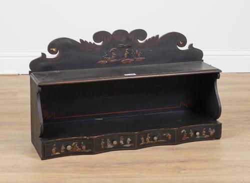 A SET OF EARLY 19TH CENTURY CHINOISERIE DECORATED THREE DRAWER TWO TIER HANGING SHELVES