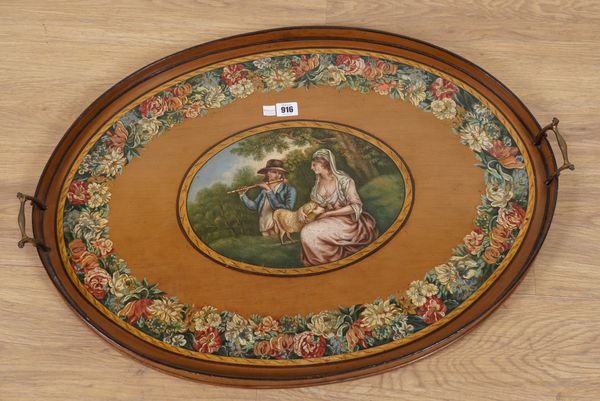 A 19TH CENTURY, LATER POLYCHROME PAINTED, OVAL SERVING TRAY