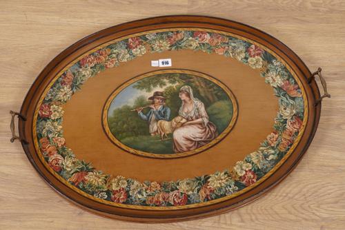 A 19TH CENTURY, LATER POLYCHROME PAINTED, OVAL SERVING TRAY