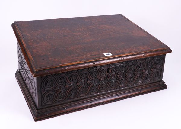 AN 18TH CENTURY AND LATER SLOPE FRONT BIBLE BOX WITH CARVED FRIEZE