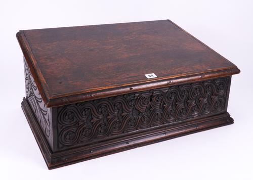 AN 18TH CENTURY AND LATER SLOPE FRONT BIBLE BOX WITH CARVED FRIEZE