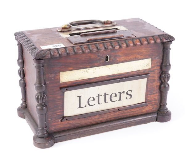 AN EARLY 19TH CENTURY BRASS MOUNTED ROSEWOOD COUNTRY HOUSE LETTER BOX