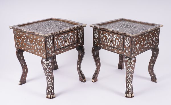 A PAIR OF EARLY 20TH CENTURY SYRIAN MOTHER-OF-PEARL AND BONE INLAID SINGLE DRAWER SIDE TABLES (2)