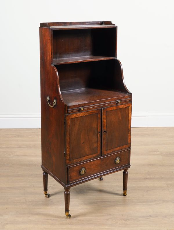 A REGENCY MAHOGANY THREE TIER WATERFALL BOOKCASE SIDE CABINET WITH BRUSHING SLIDE OVER CUPBOARDS AND DRAWER