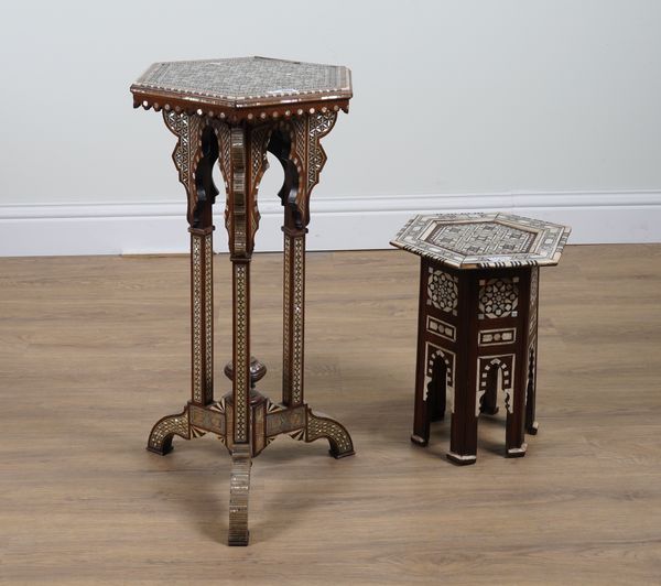 A 20TH CENTURY OTTOMAN STYLE MOTHER-OF-PEARL AND BONE INLAID OCTAGONAL OCCASIONAL TABLE (2)