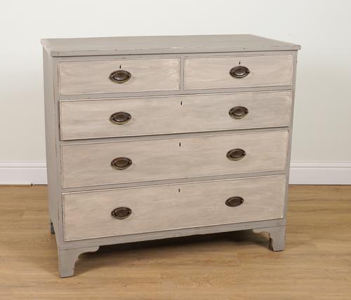 A LATE GEORGE III LATER GREY PAINTED FIVE DRAWER CHEST OF DRAWERS