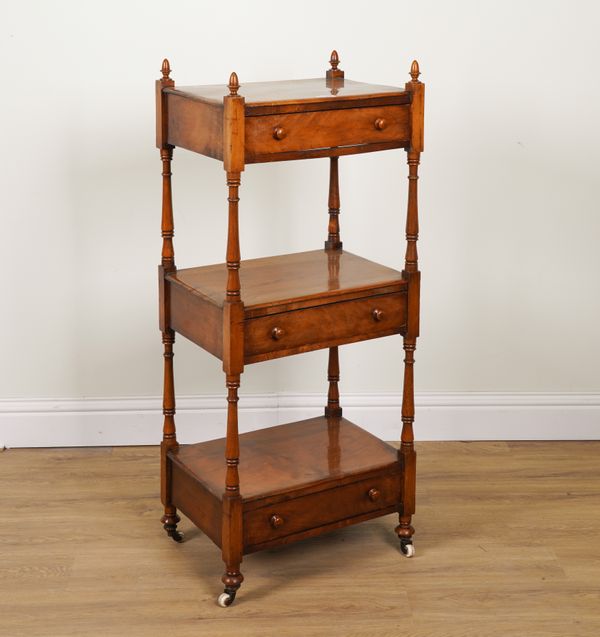 A VICTORIAN WALNUT THREE DRAWER TIERED WHATNOT