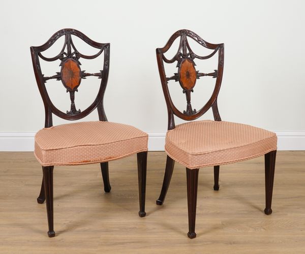 A PAIR OF 19TH CENTURY INLAID CARVED MAHOGANY SHIELD BACK SIDE CHAIRS (2)