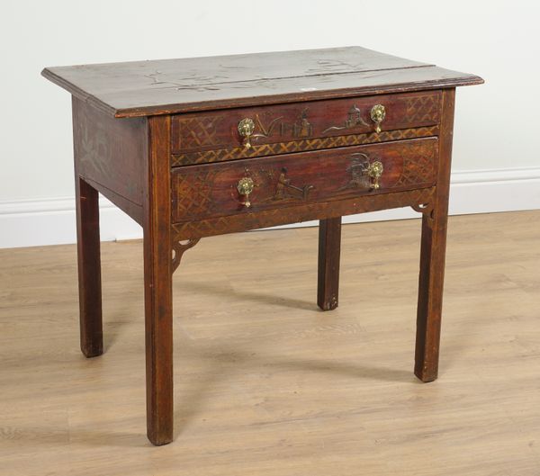 AN 18TH CENTURY CHINOISERIE DECORATED TWO DRAWER SIDE TABLE ON BLOCK SUPPORTS