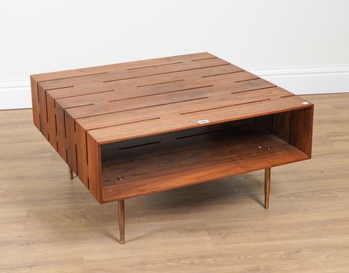 MATTHEW HILTON; A PORTUGUESE MADE WALNUT CONTEMPORARY TWO TIER SQUARE COFFEE TABLE