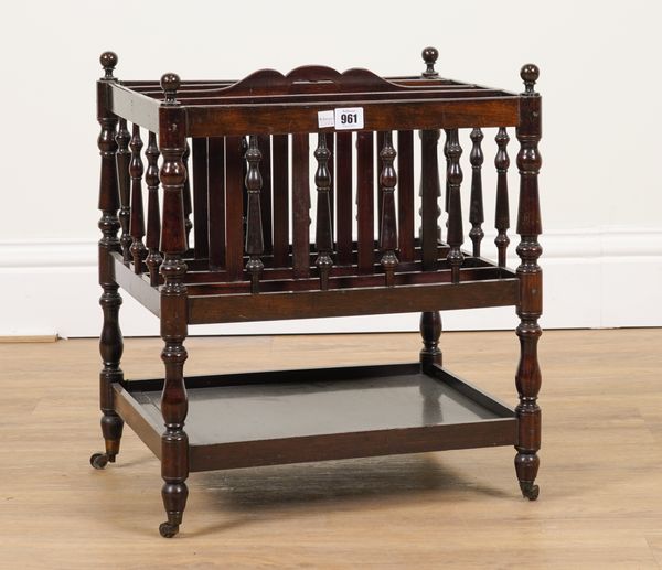 A 19TH CENTURY MAHOGANY FOUR DIVISION CANTERBURY WITH PLATFORM UNDERTIER