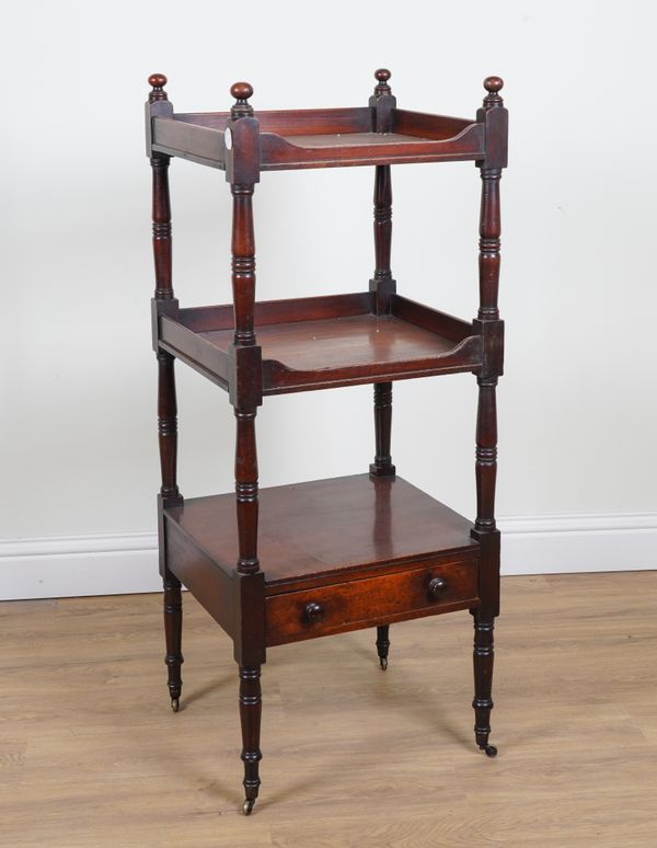 AN EARLY VICTORIAN MAHOGANY THREE TIER WHATNOT WITH SINGLE DRAWER BASE