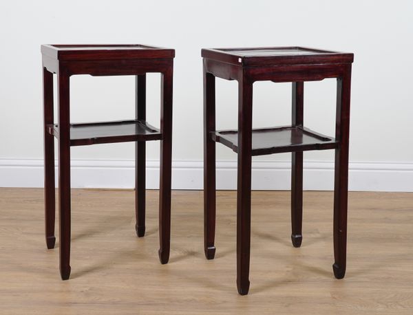 A PAIR OF LATE 19TH CENTURY CHINESE HARDWOOD RECTANGULAR TWO TIER OCCASIONAL TABLES (2)