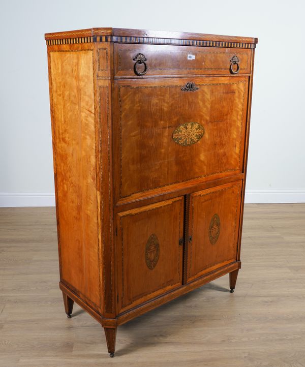 A LATE 18TH CENTURY CONTINENTAL INLAID SATINWOOD SECRETAIRE A ABATTANT WITH FITTED INTERIOR OVER CUPBOARDS