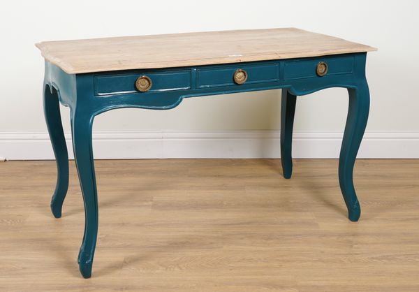 A LOUIS XV STYLE THREE DRAWER WRITING DESK ON PAINTED BASE