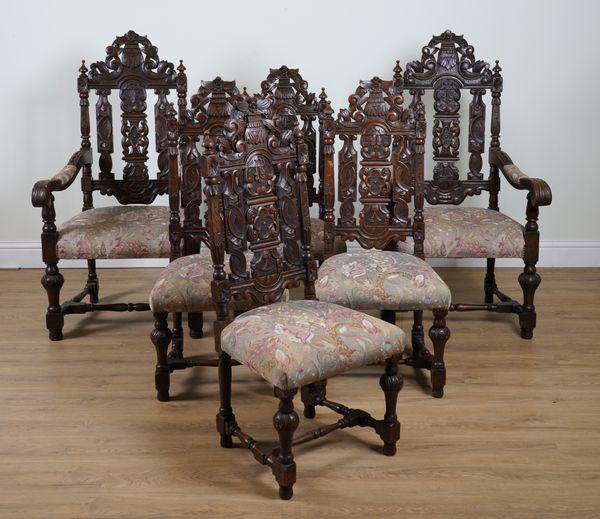 A SET OF SIX 17TH CENTURY STYLE CARVED OAK DINING CHAIRS ON TURNED SUPPORTS (6)