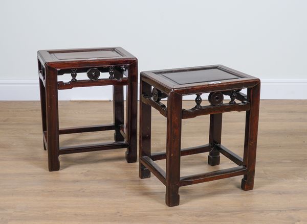 A NEAR PAIR OF LATE 19TH CENTURY CHINESE HARDWOOD RECTANGULAR OCCASIONAL TABELS WITH CARVED FRIEZE (2)