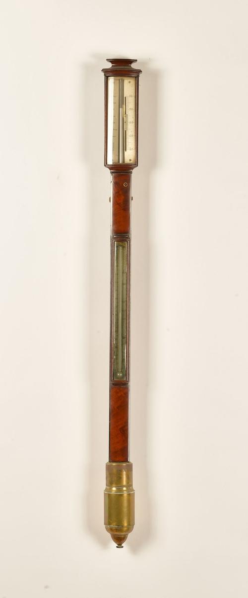 A REGENCY BOWFRONT MAHOGANY MARINE STICK BAROMETER