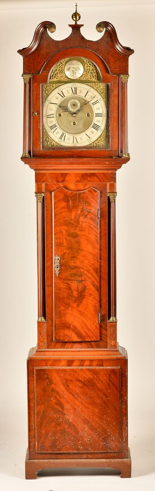 A MAHOGANY THREE TRAIN QUARTER CHIMING LONGCASE CLOCK