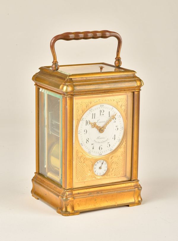 A FRENCH GILT-BRASS GORGE CASED GRANDE SONNERIE STRIKING AND REPEATING CARRIAGE CLOCK