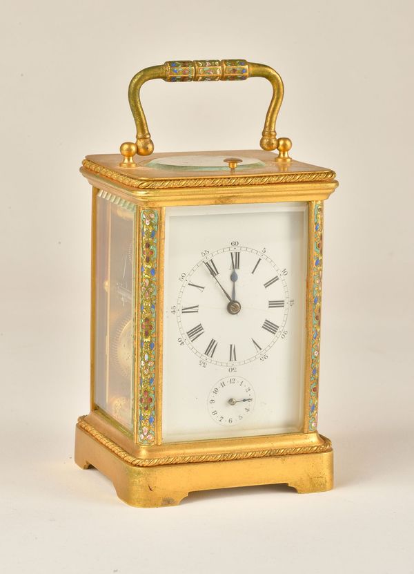 A FRENCH BRASS AND CLOISONNÉ ENAMEL STRIKING AND REPEATING CARRIAGE CLOCK