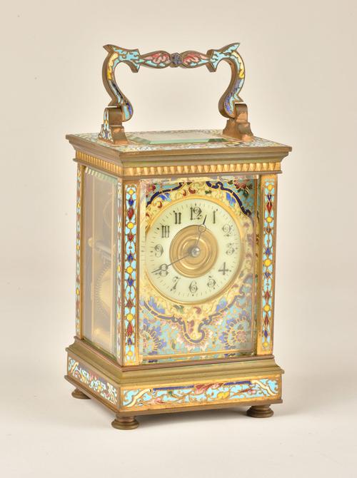 A FRENCH BRASS AND CLOISONNÉ ENAMEL STRIKING CARRIAGE CLOCK