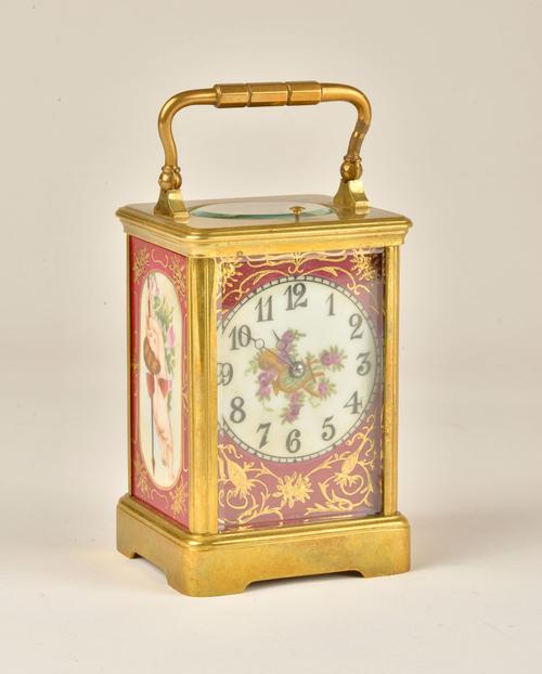 A FRENCH BRASS PORCELAIN-MOUNTED STRIKING & REPEATING CARRIAGE CLOCK