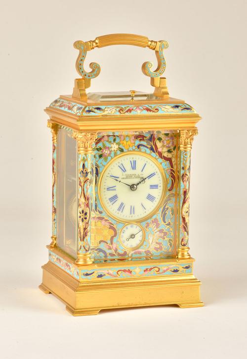 A FRENCH GILT-BRASS AND CLOISONNÉ ENAMEL STRIKING AND REPEATING CARRIAGE CLOCK WITH ALARM
