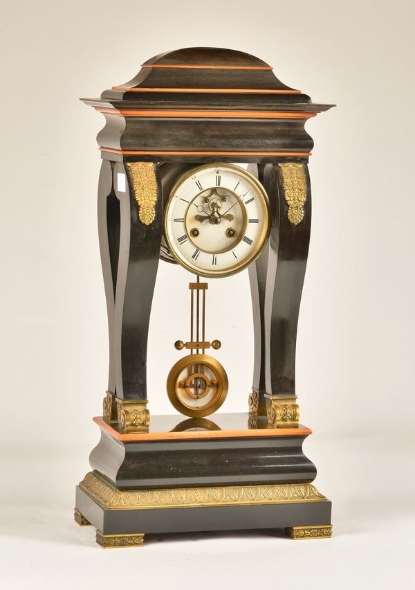 A FRENCH ORMOLU-MOUNTED EBONISED AND BOXWOOD OUTLINED PORTICO CLOCK OF UNUSUAL FORM