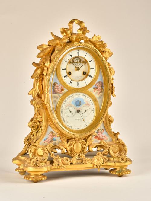 A FINE FRENCH ORMOLU AND PORCELAIN-MOUNTED PERPETUAL CALENDAR MANTEL CLOCK