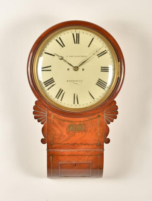 A WILLIAM IV MAHOGANY, BRASS INLAID STRIKING DROP-DIAL WALL CLOCK