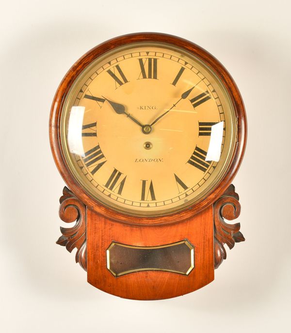 A VICTORIAN MAHOGANY AND BRASS DROP-DIAL WALL TIMEPIECE