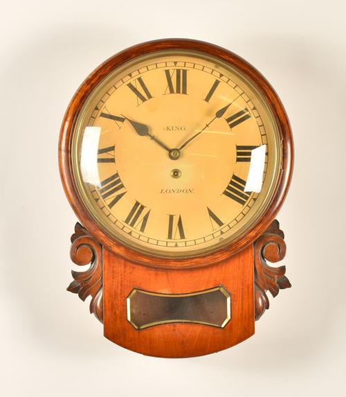 A VICTORIAN MAHOGANY AND BRASS DROP-DIAL WALL TIMEPIECE