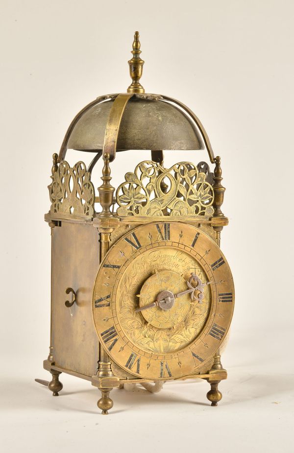 A CHARLES II BRASS STRIKING VERGE LANTERN CLOCK WITH ALARM [TO BE COLLECTED]