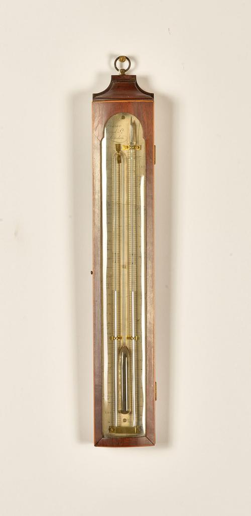 AN UNUSUAL GEORGE III BOWFRONT MAHOGANY AND BOXWOOD LINE INLAID MINIMUM/MAXIMUM THERMOMETER