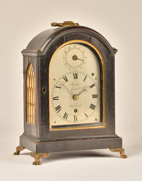 A SMALL GEORGE III EBONISED BRACKET TIMEPIECE WITH ALARM